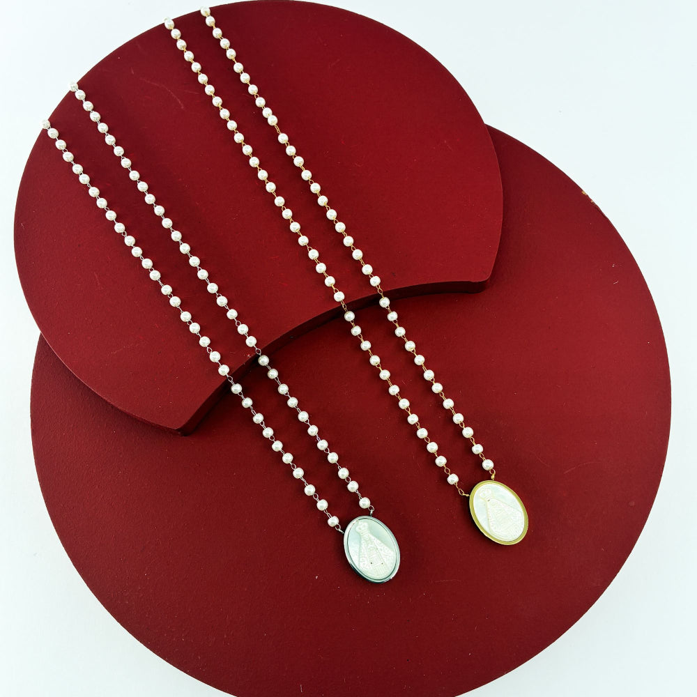 Colar Aço com Pérolas e Medalha N. Sra. Aparecida